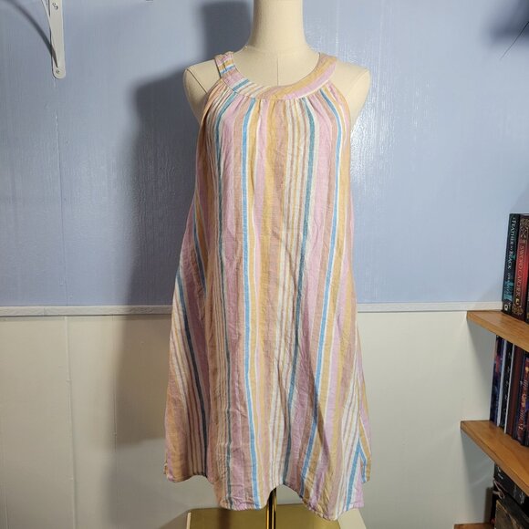 C&C California Medium Pastel Pink Blue Striped Round Neck Sleeveless Linen Dress - Picture 1 of 10